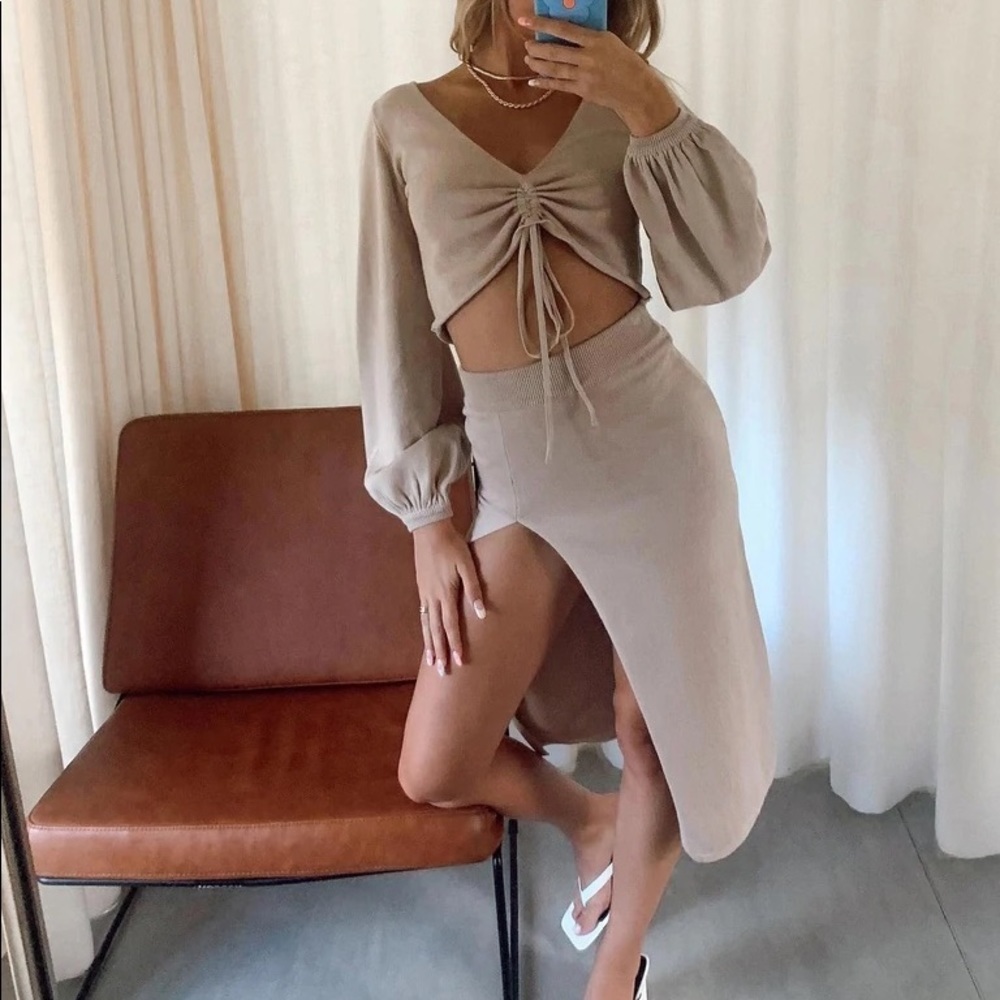 NWT // Princess Polly - Tan High Slit Kora Midi Skirt